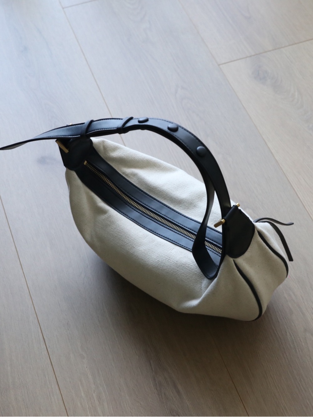 Zara Linen Cotton Oval Hobo Shoulder Bag Cream Black - Picture 7 of 15